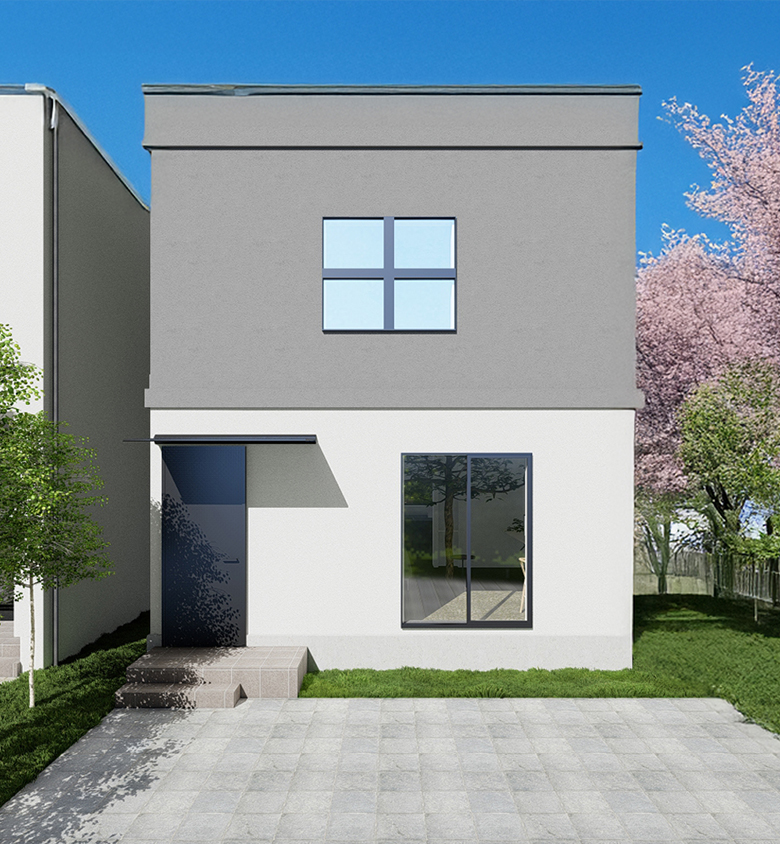 桜が咲く新潟の街に佇むコンクリート住宅の外観